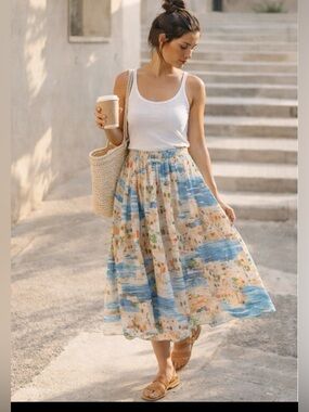 Mediterranean Coastal Print Midi Skirt | Euro Summer Amalfi Santorini Flowy